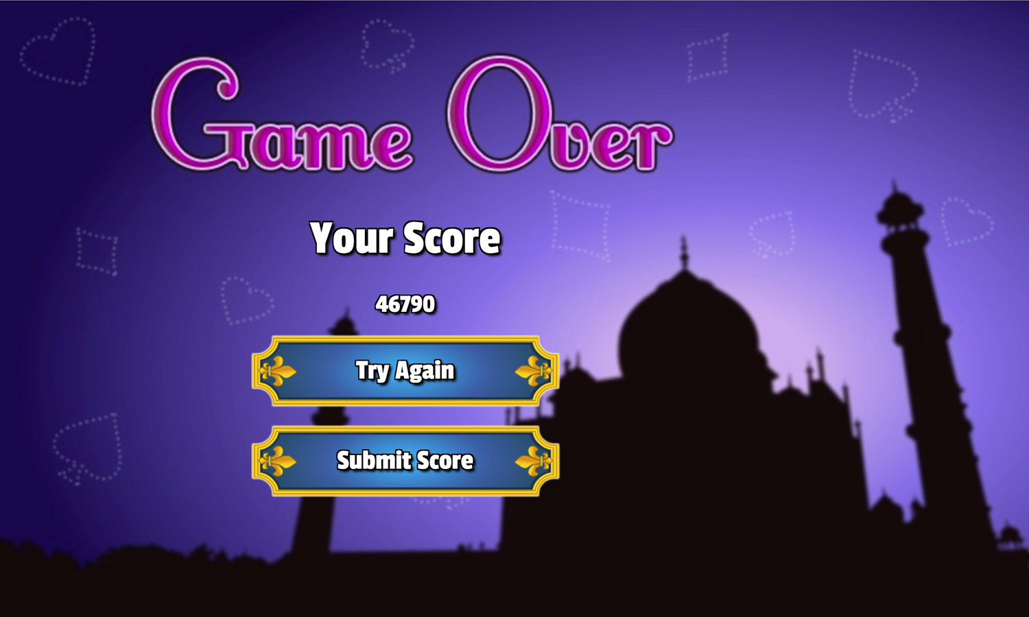 Taj Mahal Solitaire Game Over Screen Screenshot.