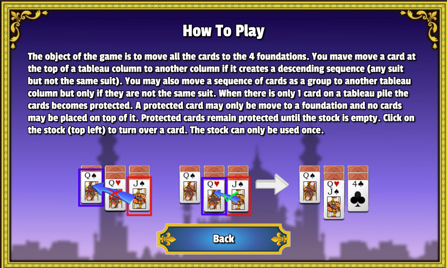 Taj Mahal Solitaire Game How to Play Screen Screenshot.