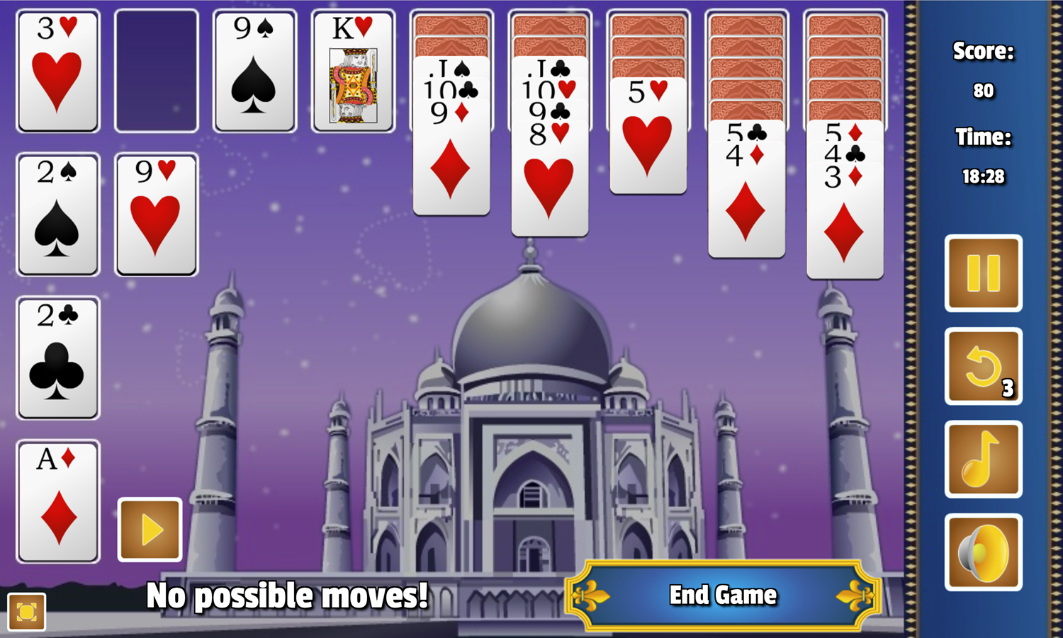 Taj Mahal Solitaire Game No Possible Moves Screenshot.