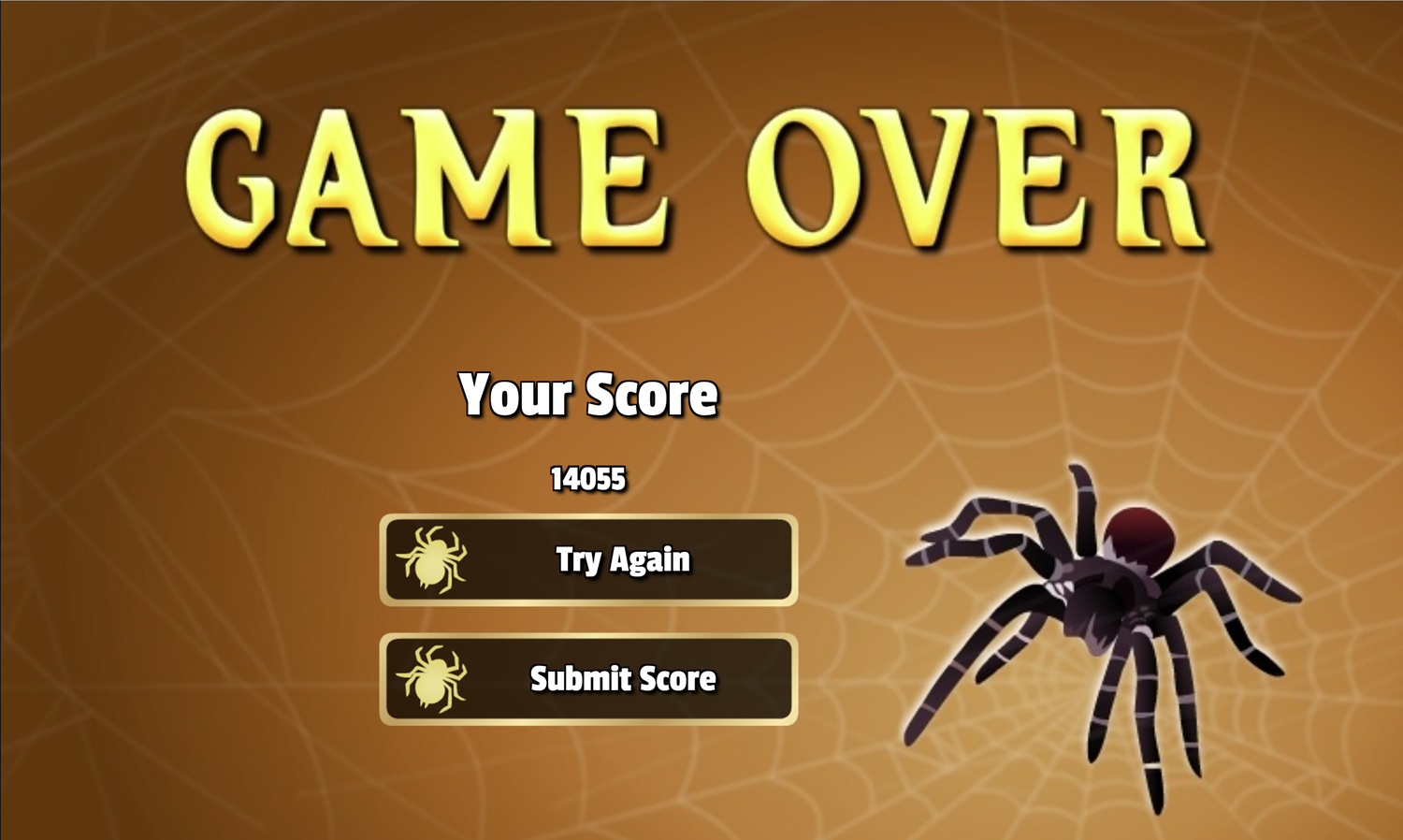 Tarantula Solitaire Game Over Screen Screenshot.