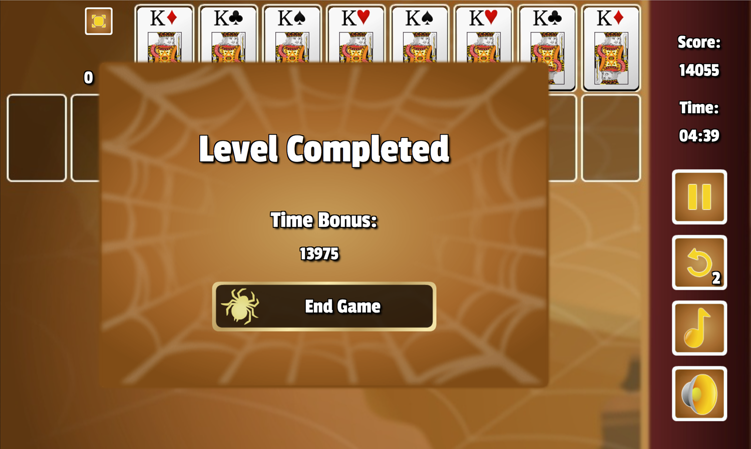 Tarantula Solitaire Game Level Completed Screen Screenshot.