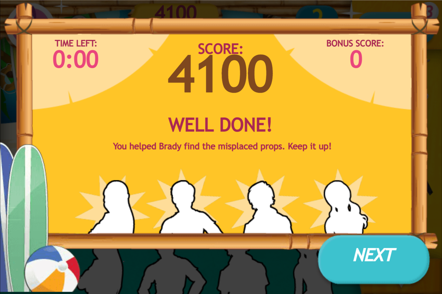 Teen Beach Movie Brady's Beach Scramble Game Level Beat Screen Screenshot.