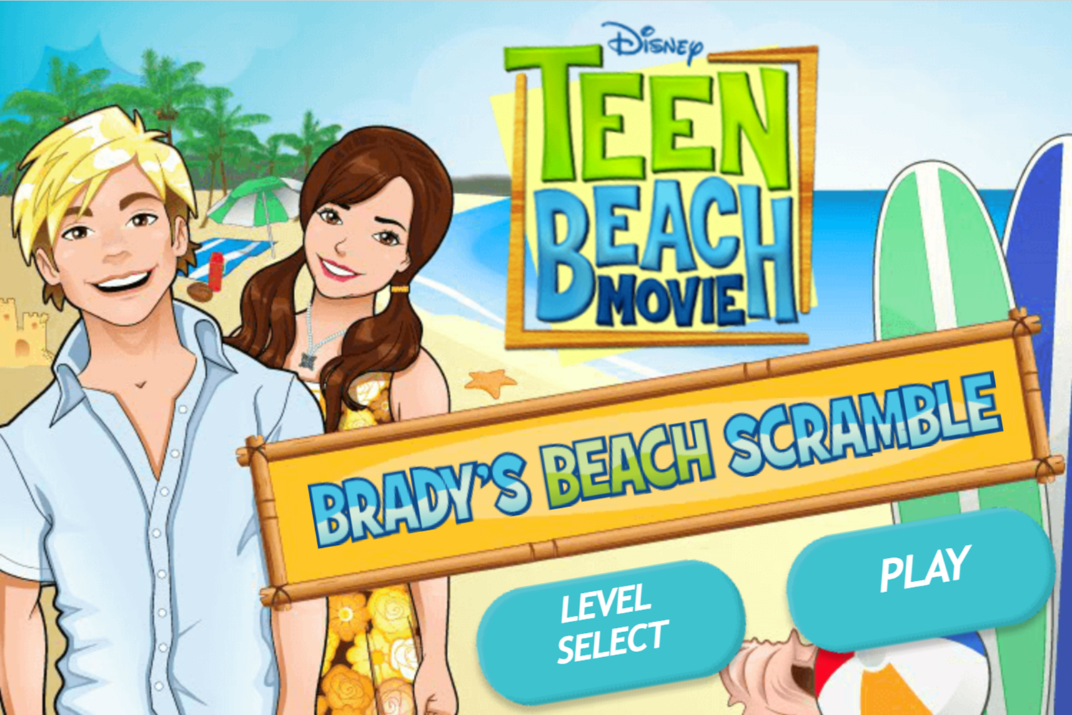 Teen Beach Movie Brady's Beach Scramble Game Welcome Screen Screenshot.