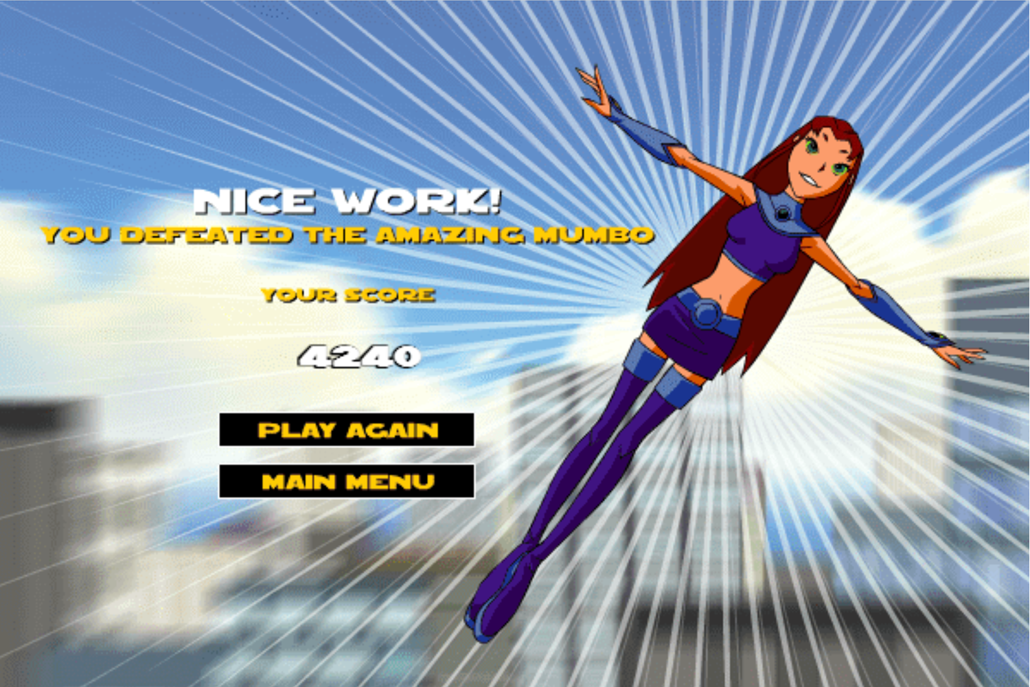 Teen Titans Go One on One Starfire Game Over Screenshot.