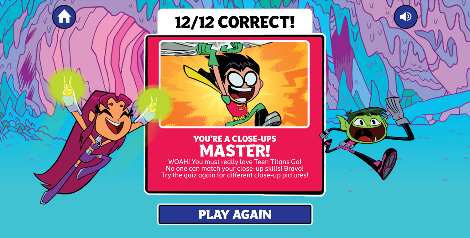 Teen Titans Go The Close-Ups Quiz Game Over Screen Screenshot.