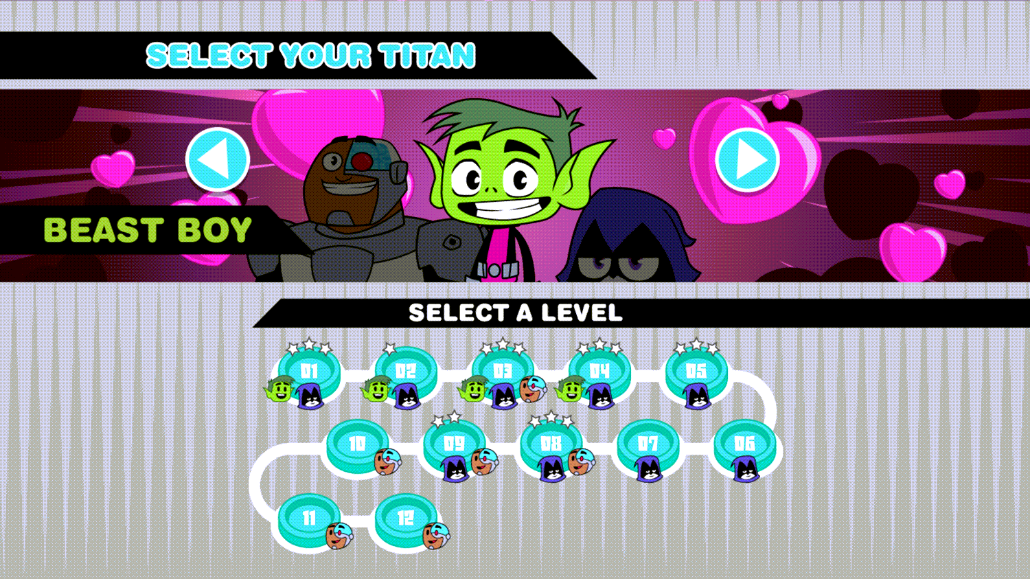 Teen Titans Go Titanic Heartbreak Character & Level Select Screenshot.