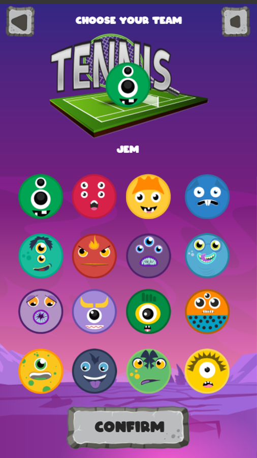 Tennis Space Game Choose Your Team Screen Screenshot.