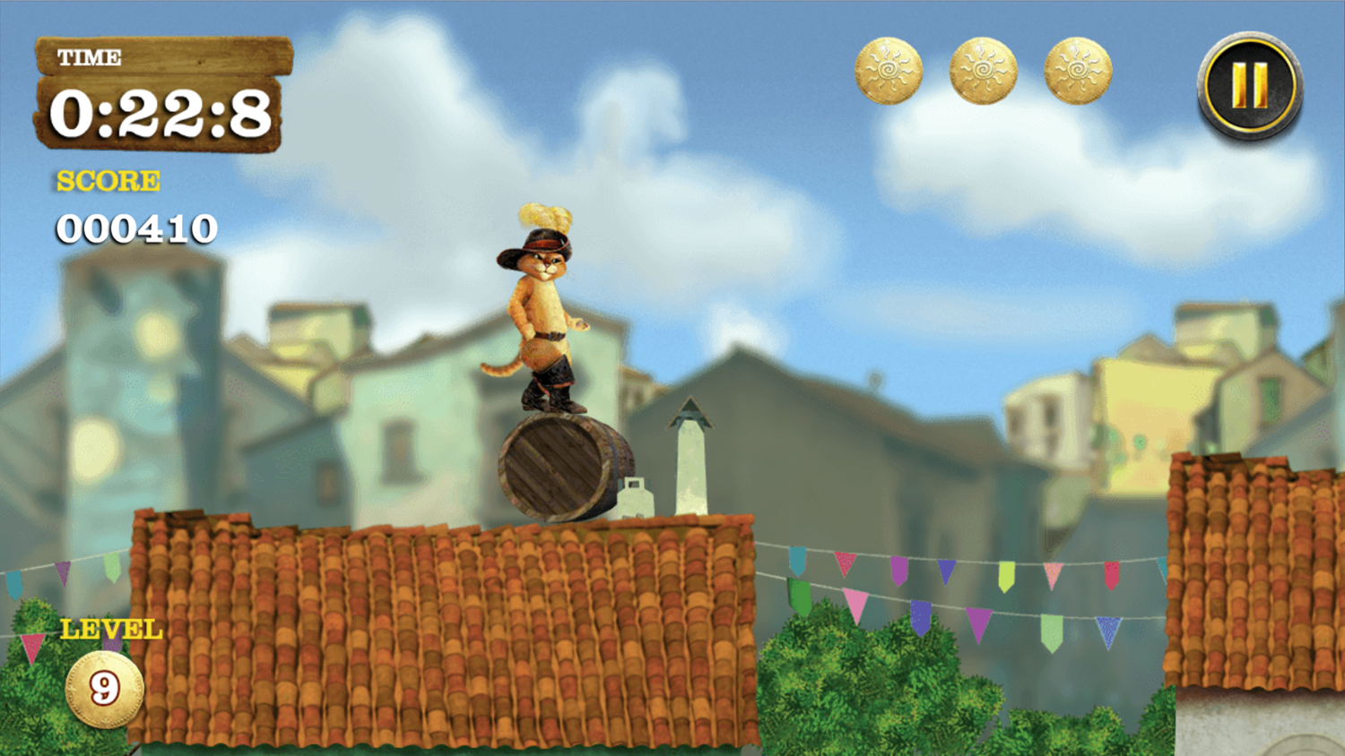 The Adventures of Puss in Boots Barrel Run Game Screenshot.
