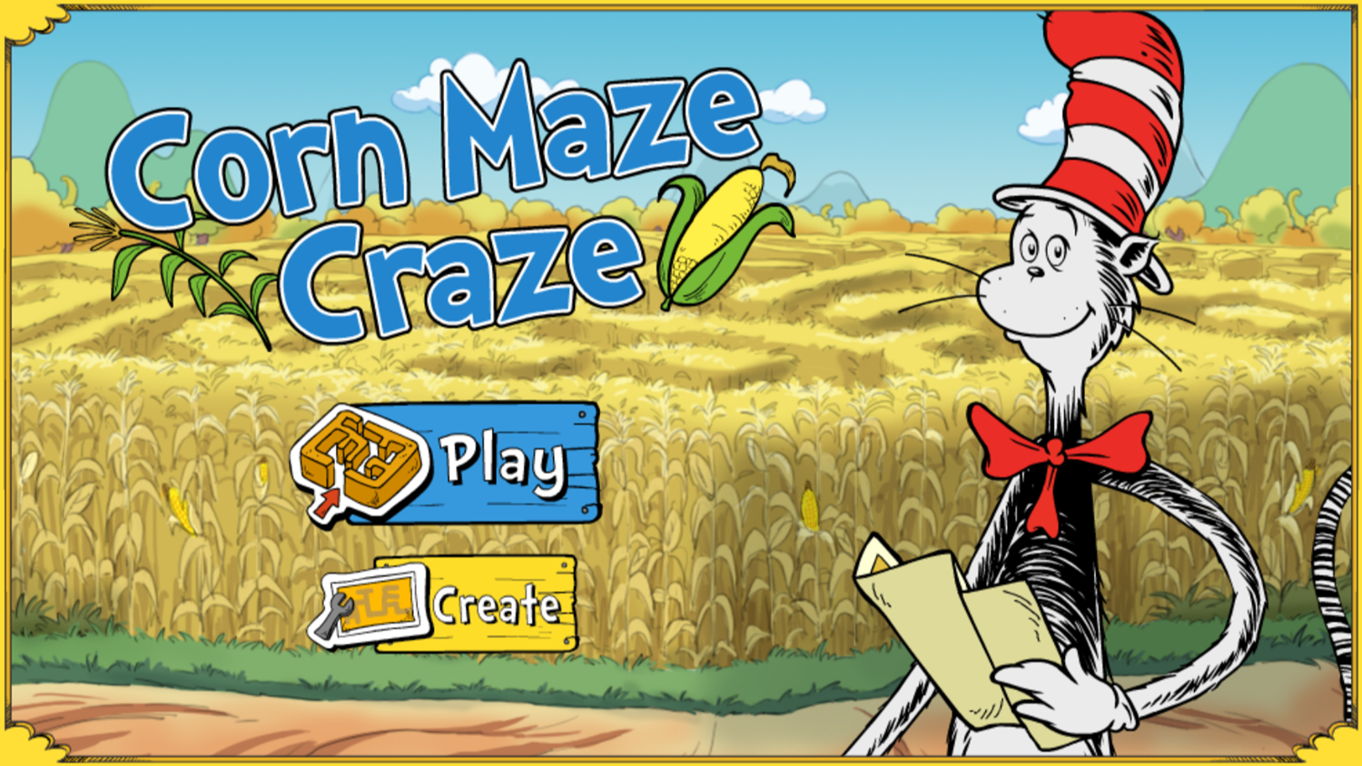 The Cat in the Hat Corn Maze Craze Game Welcome Screen Screenshot.