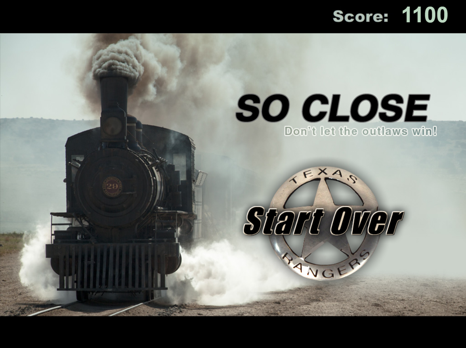 The Lone Ranger Train Top Sprint Game Over Screenshot.