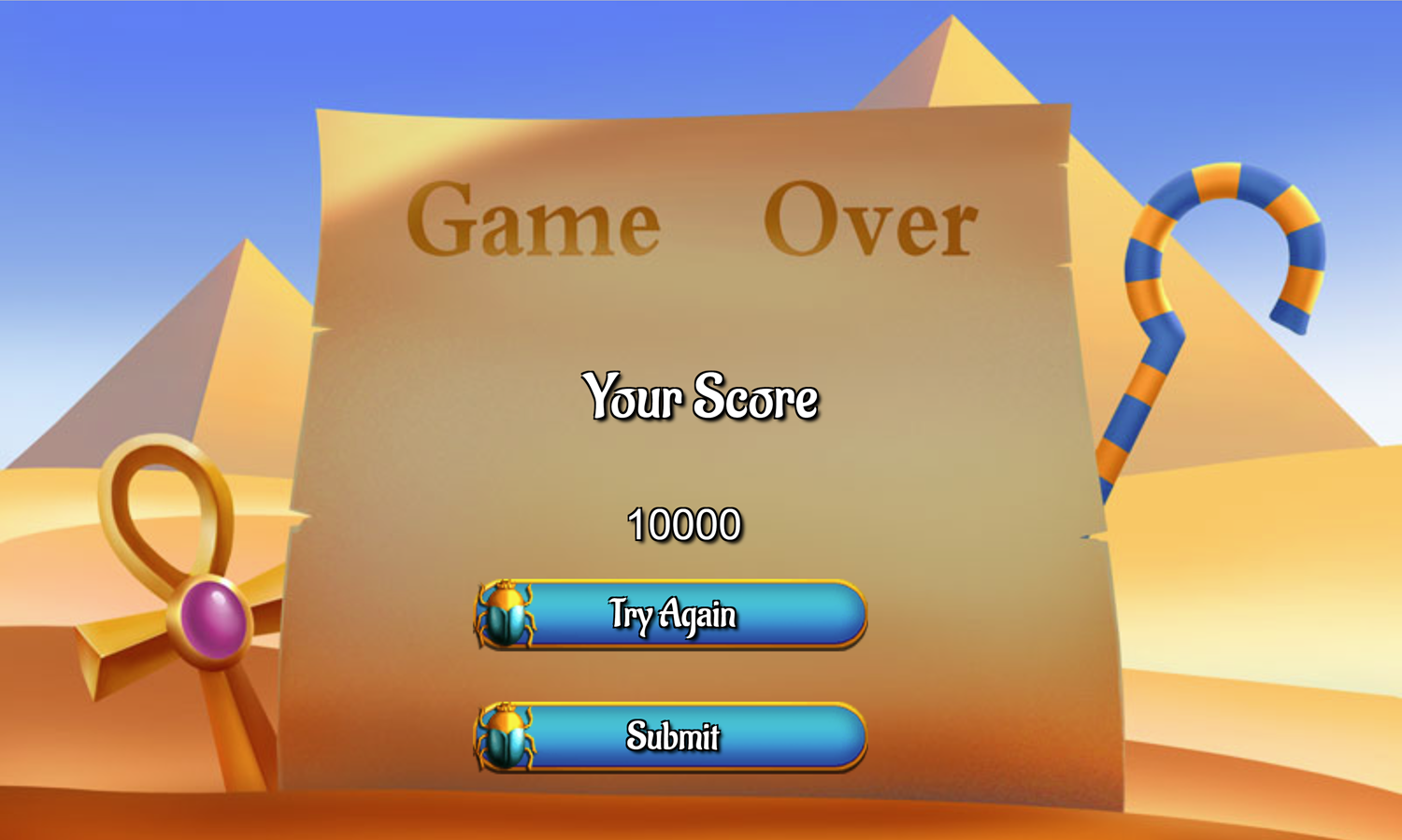 Thieves of Egypt Solitaire Game Over Screen Screenshot.