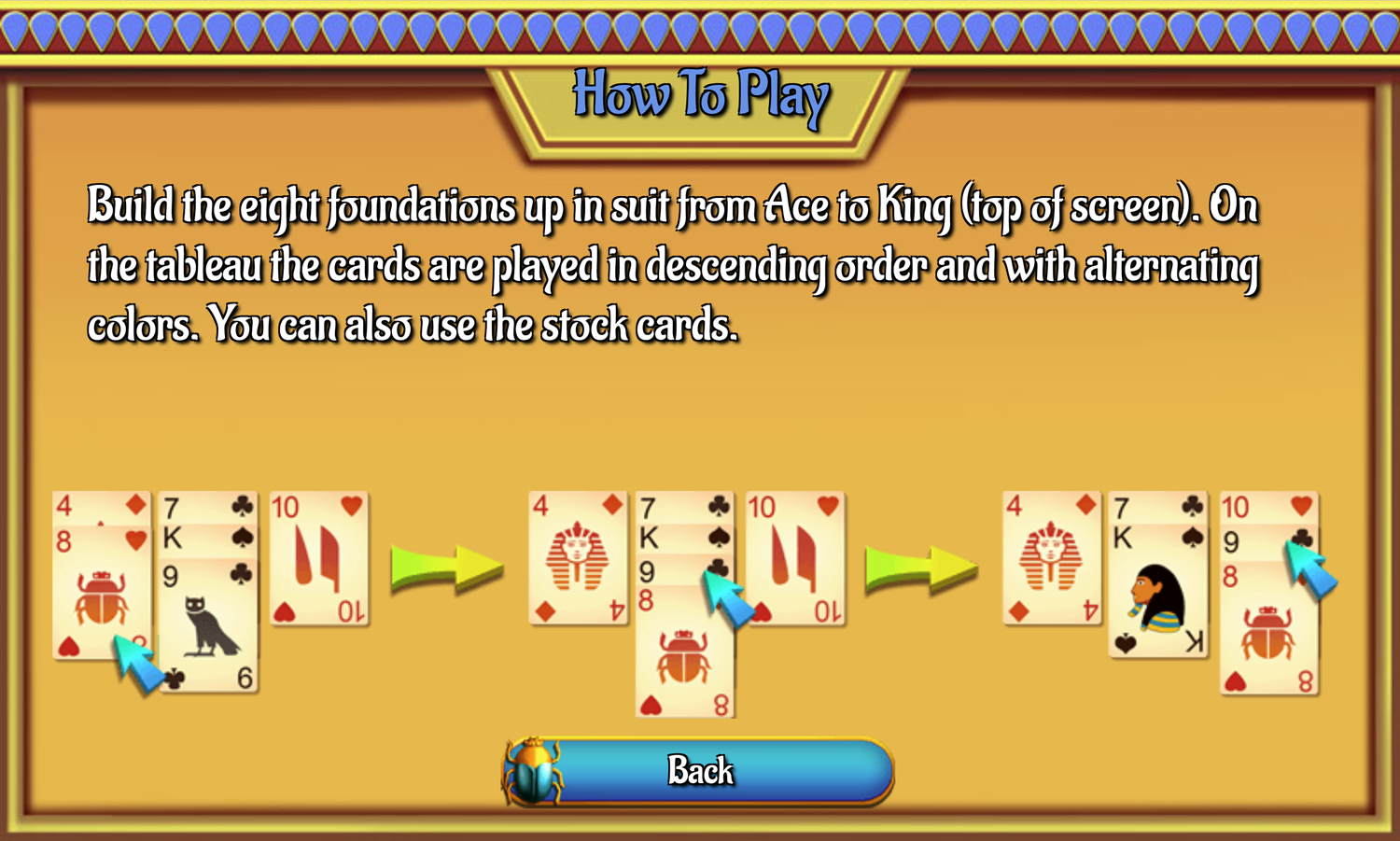 Thieves of Egypt Solitaire Game How to Play Screen Screenshot.