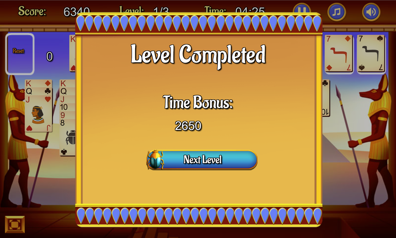 Thieves of Egypt Solitaire Game Level Completed Screen Screenshot.