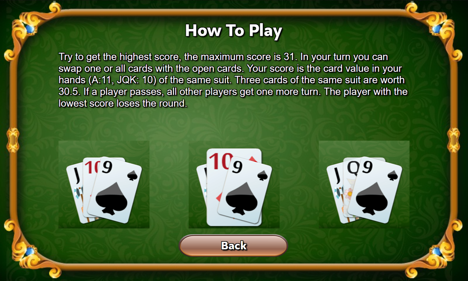 Thirty One Game How To Play Screenshot.