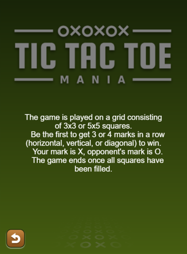 Tic Tac Toe Mania Game Instructions Screenshot.