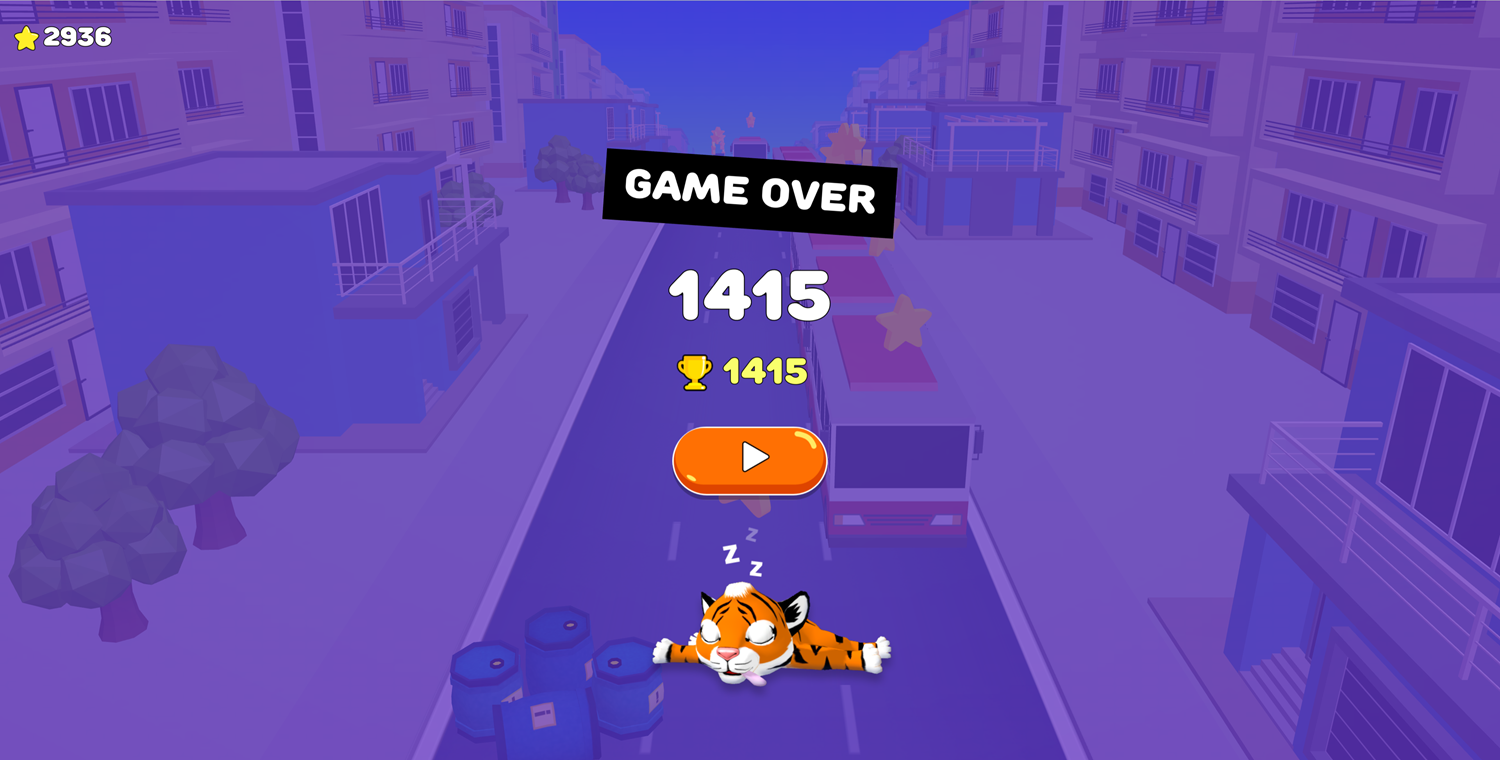 Tiger Run Game Over Screen Screenshot.