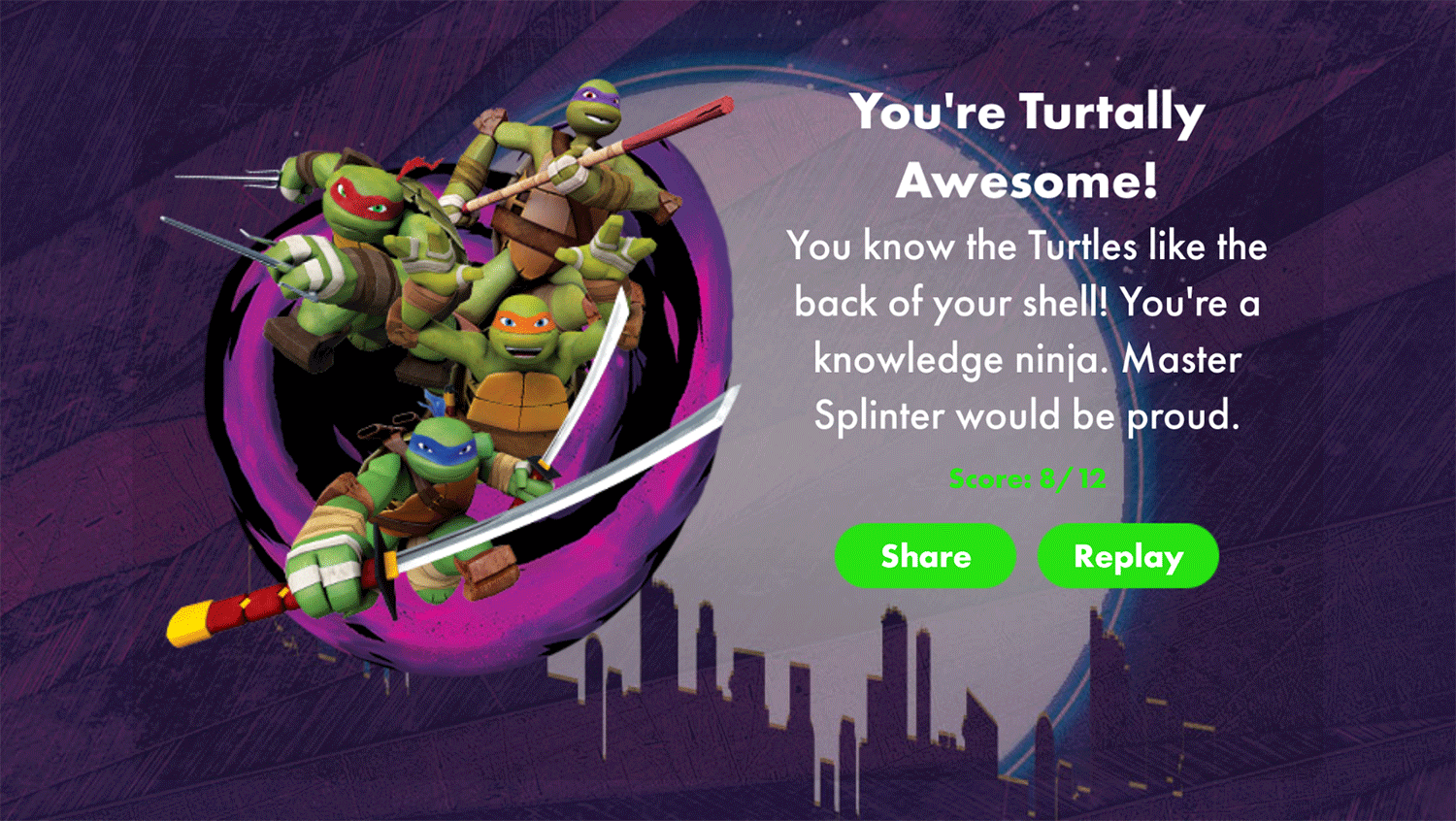 TMNT Test Your Teenage Turtle Trivia Result Screenshot.