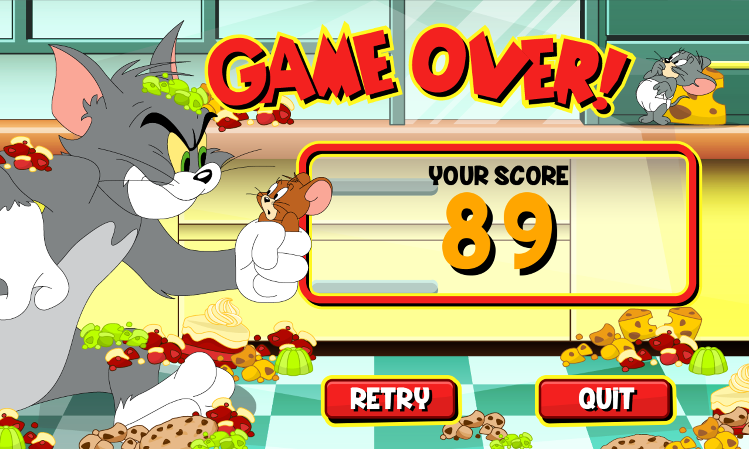 Tom and Jerry Bandit Munchers Game Over Screenshot.