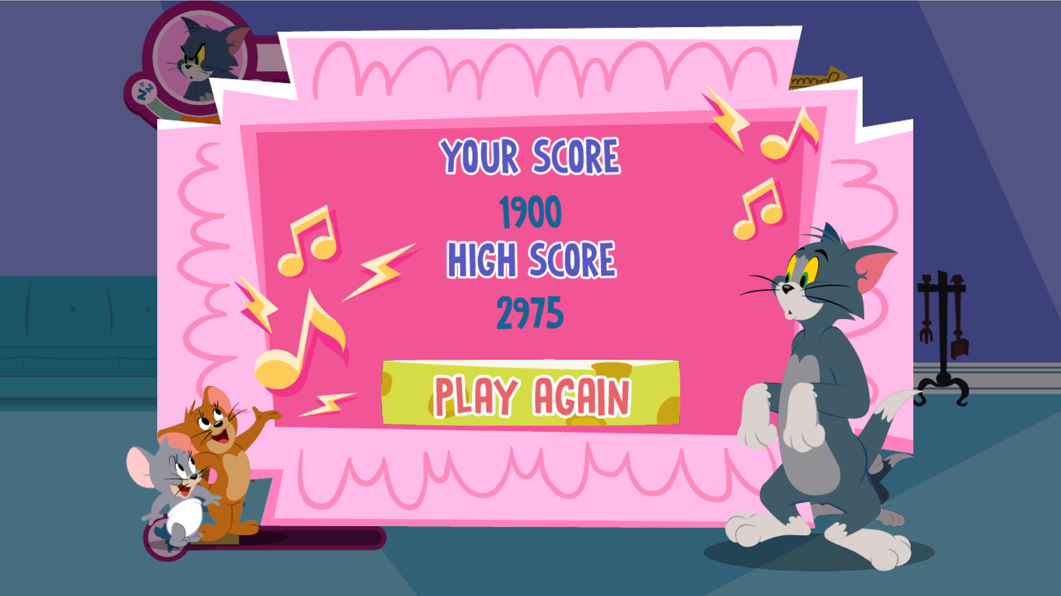 Tom and Jerry Hush Rush Game Over Screenshot.