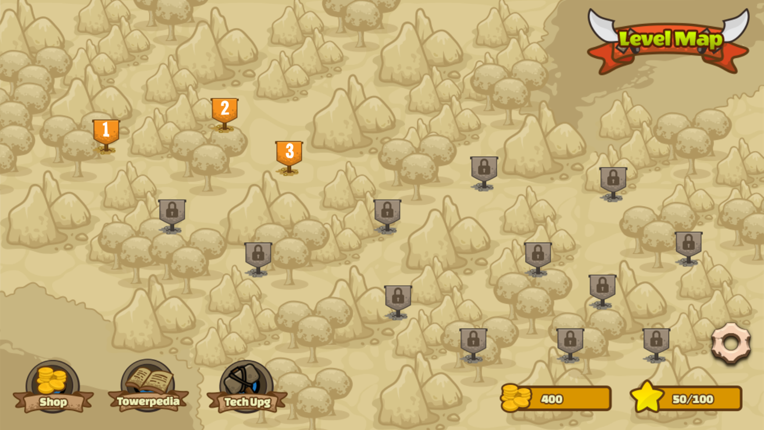 Tower Defense Game Level Select Screenshot.