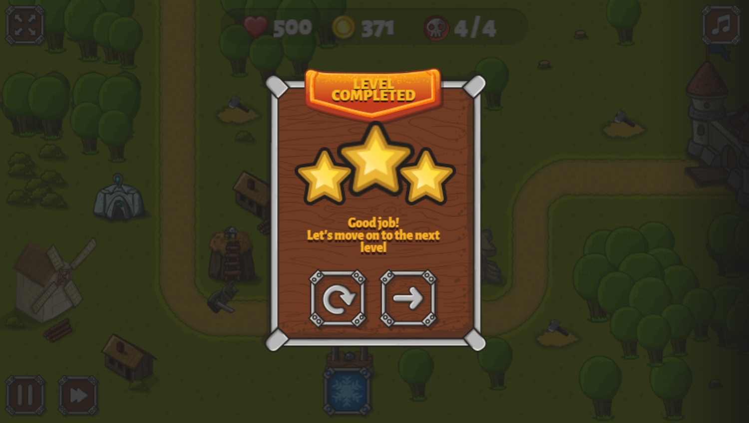 Tower Defense Game Level Completed Screenshot.