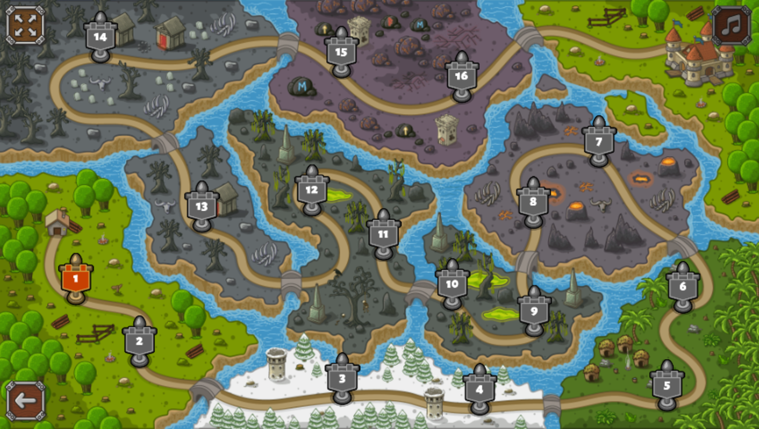 Tower Defense Game Level Select Screenshot.