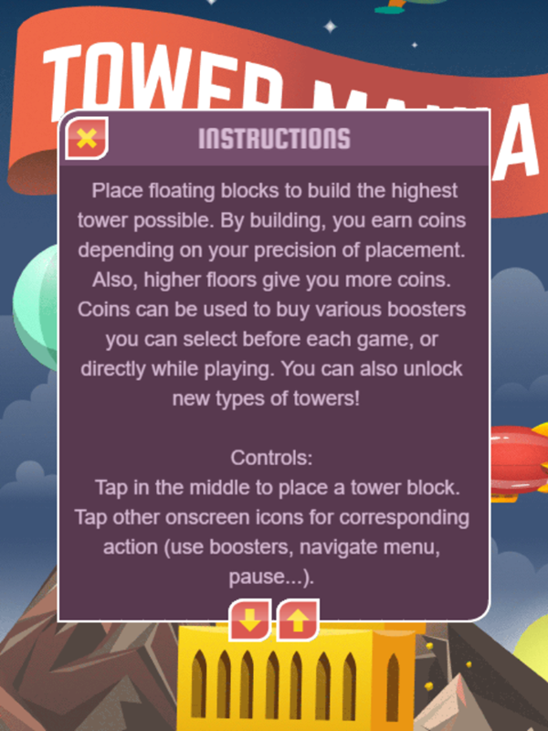 Tower Mania Game Instructions Screenshot.