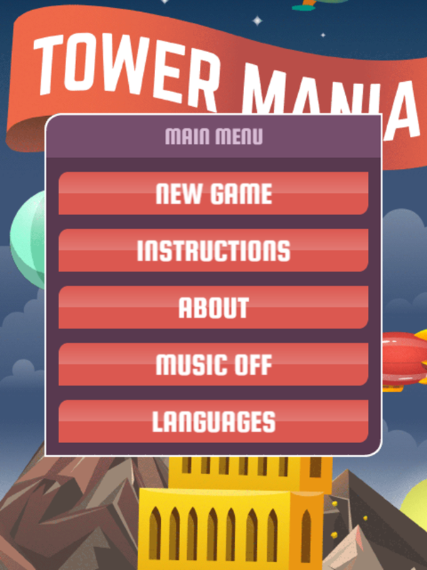 Tower Mania Game Welcome Screen Screenshot.