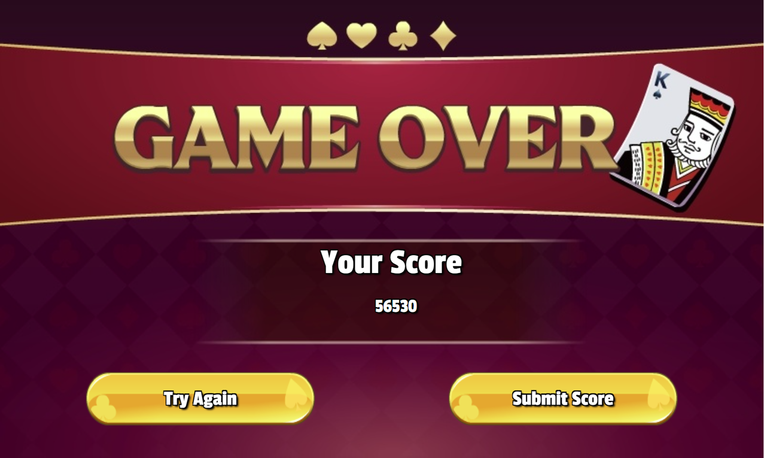 Tower Solitaire Game Over Screen Screenshot.