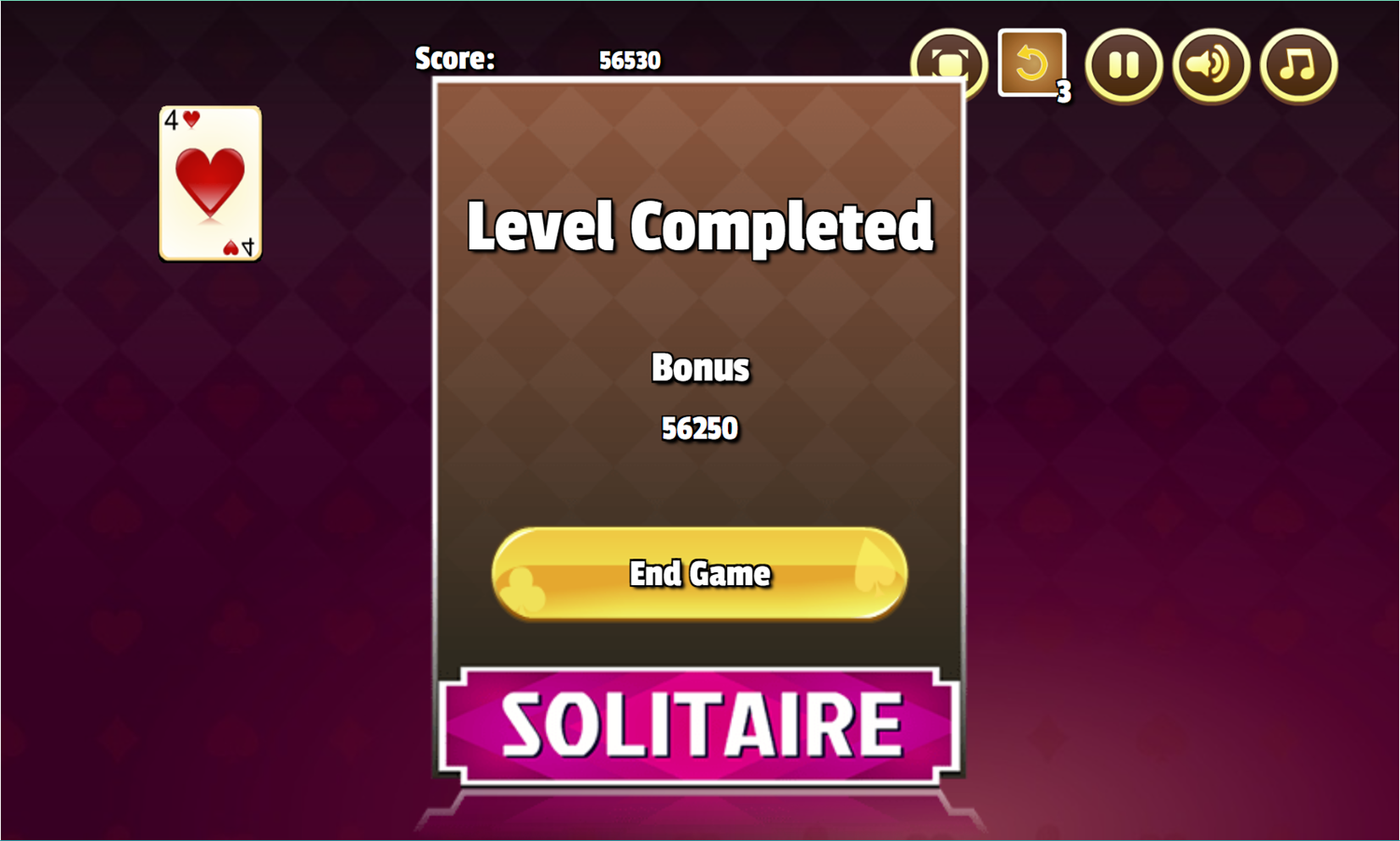 Tower Solitaire Game Level Completed Screen Screenshot.