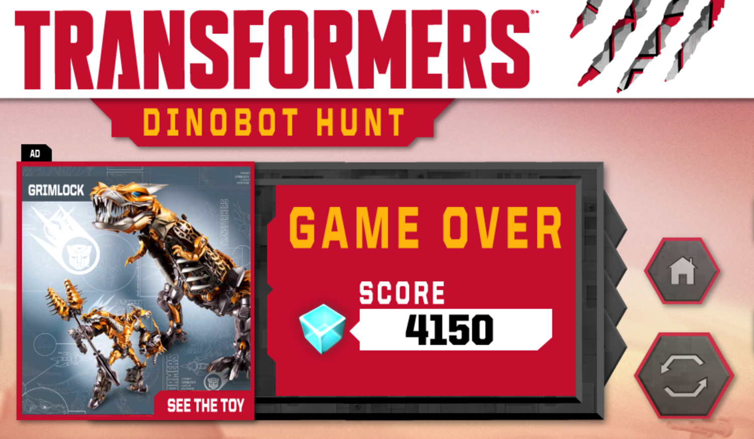 Transformers Dinobot Hunt Game Over Screenshot.