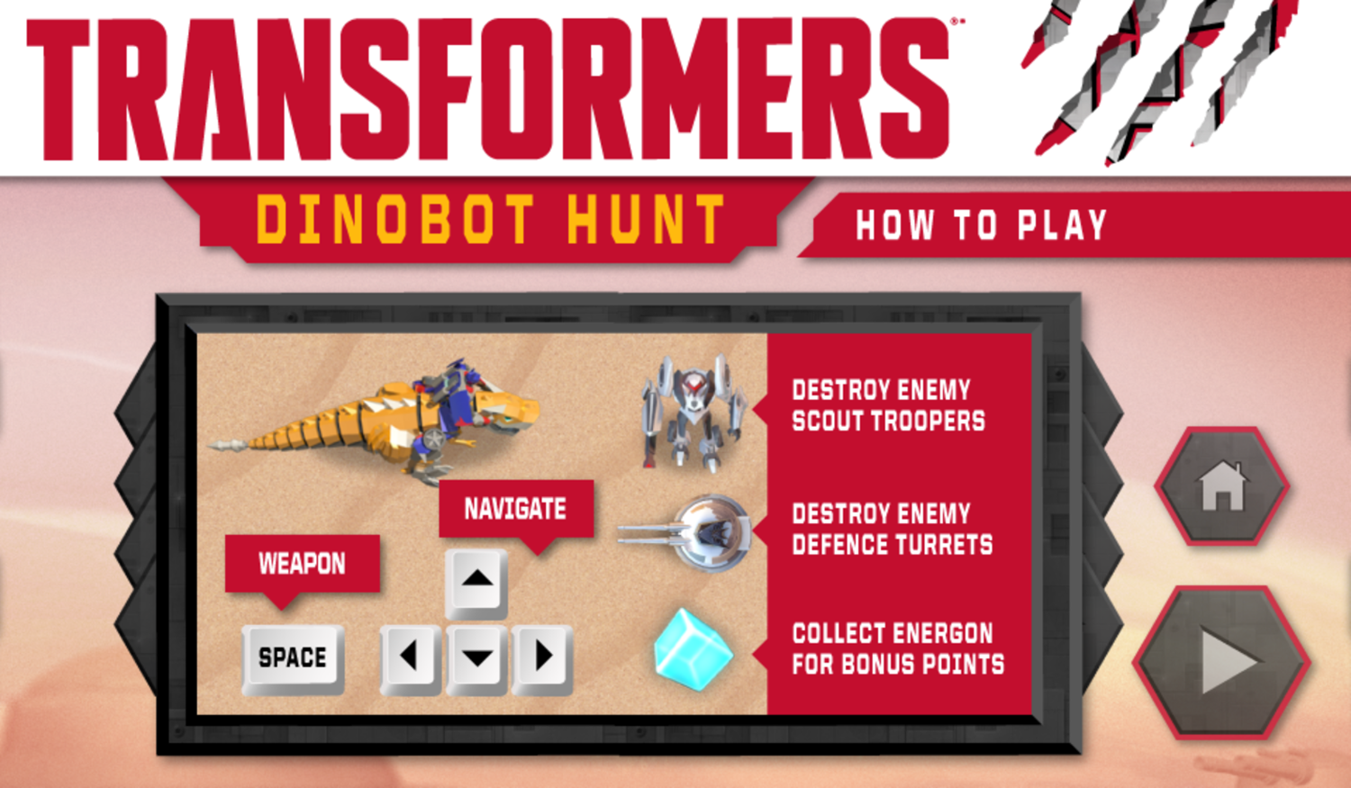 Transformers Dinobot Hunt Game How To Play Screenshot.