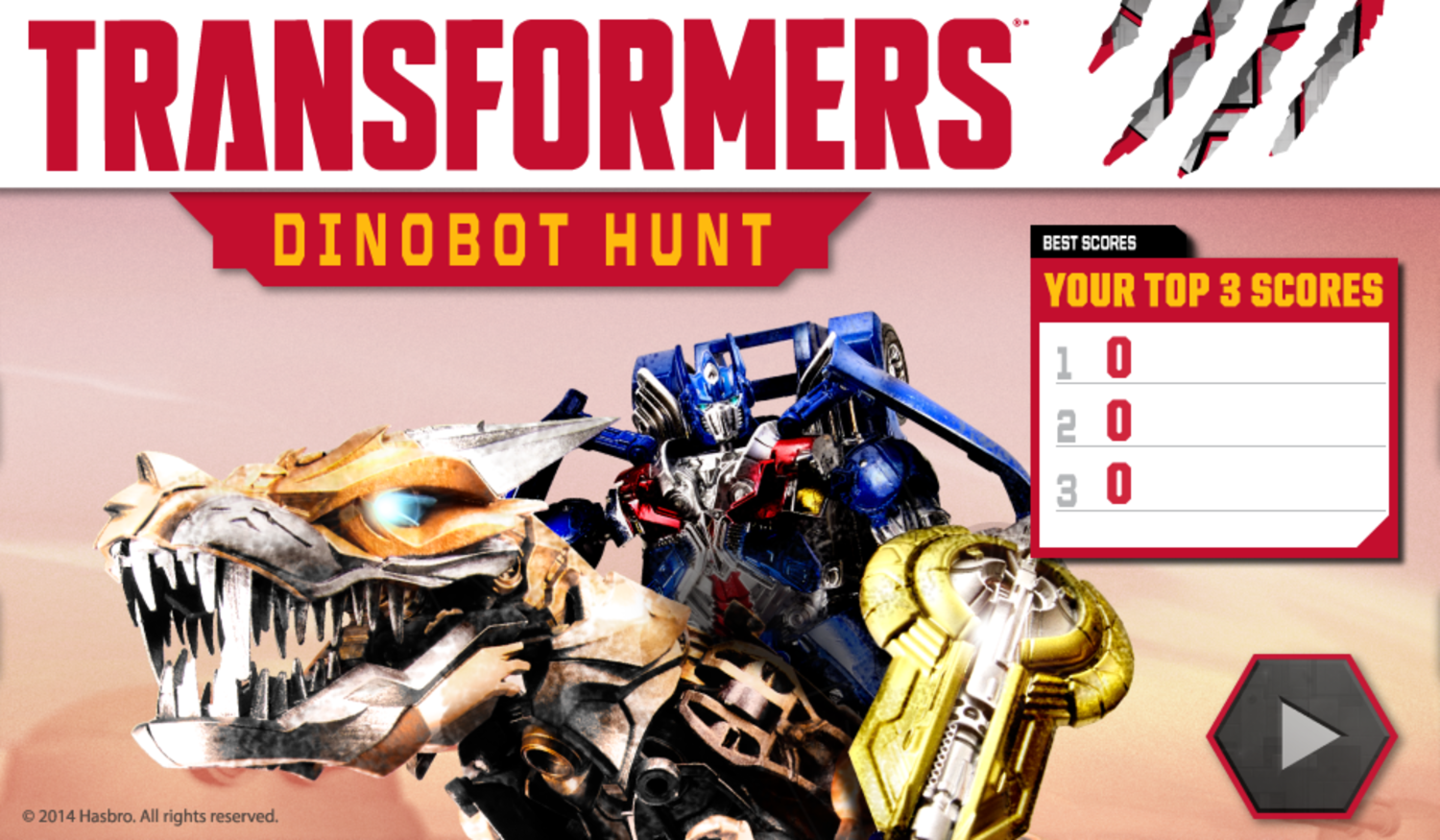 Transformers Dinobot Hunt Game Welcome Screen Screenshot.