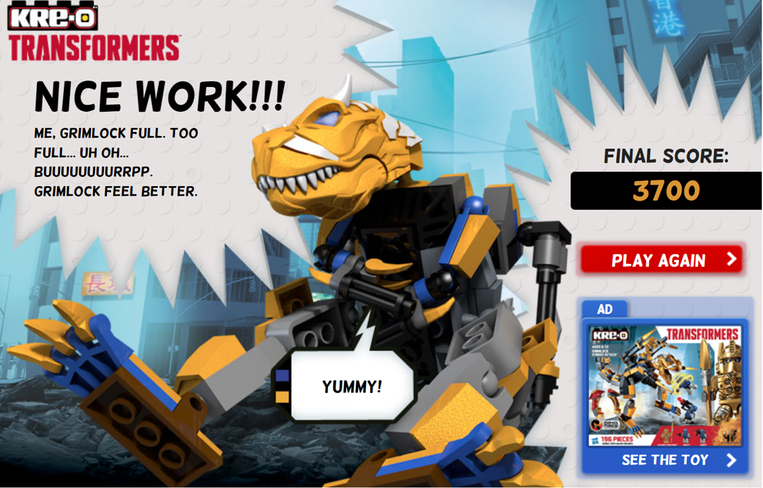 Transformers Feed Grimlock Game Over Screen Screenshot.