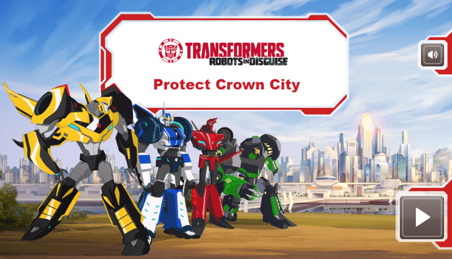 Transformers Protect Crown City Game Welcome Screen Screenshot.