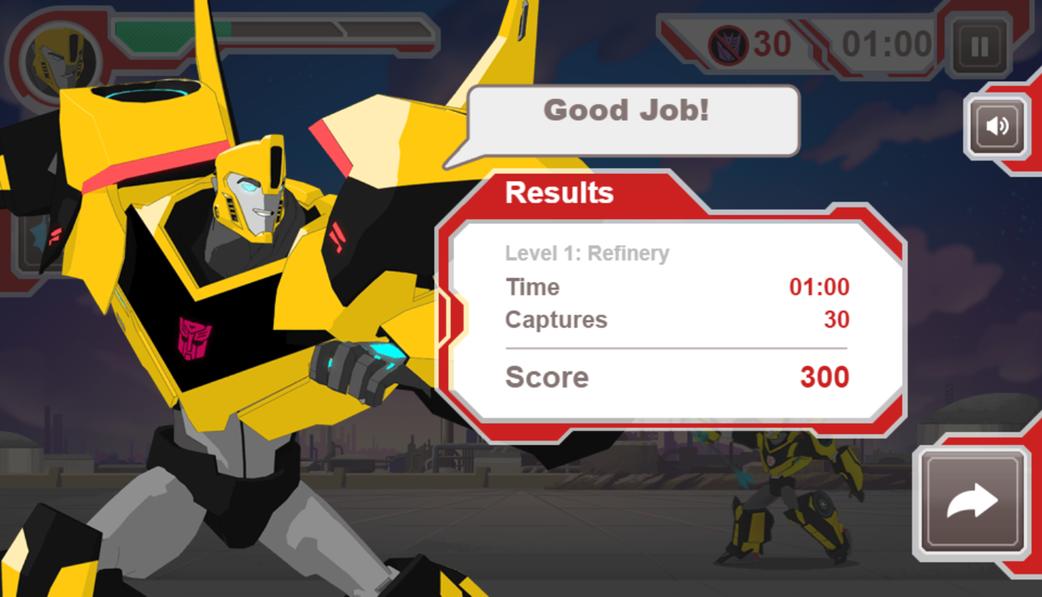Transformers Protect Crown City Game Level Completed Screenshot.