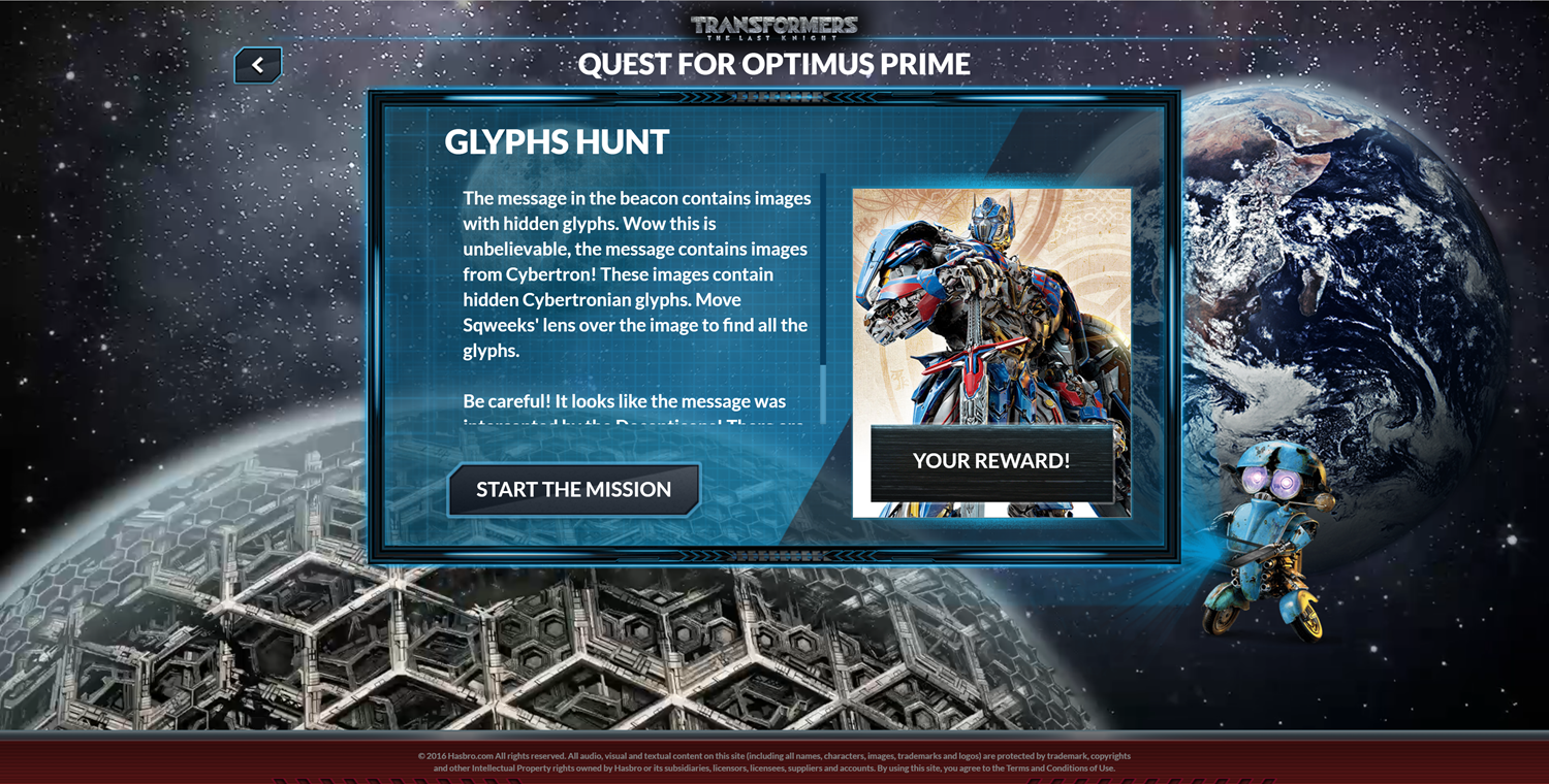 Transformers Quest for Optimus Prime Game Glyphs Hunt Instructions Screen Screenshot.