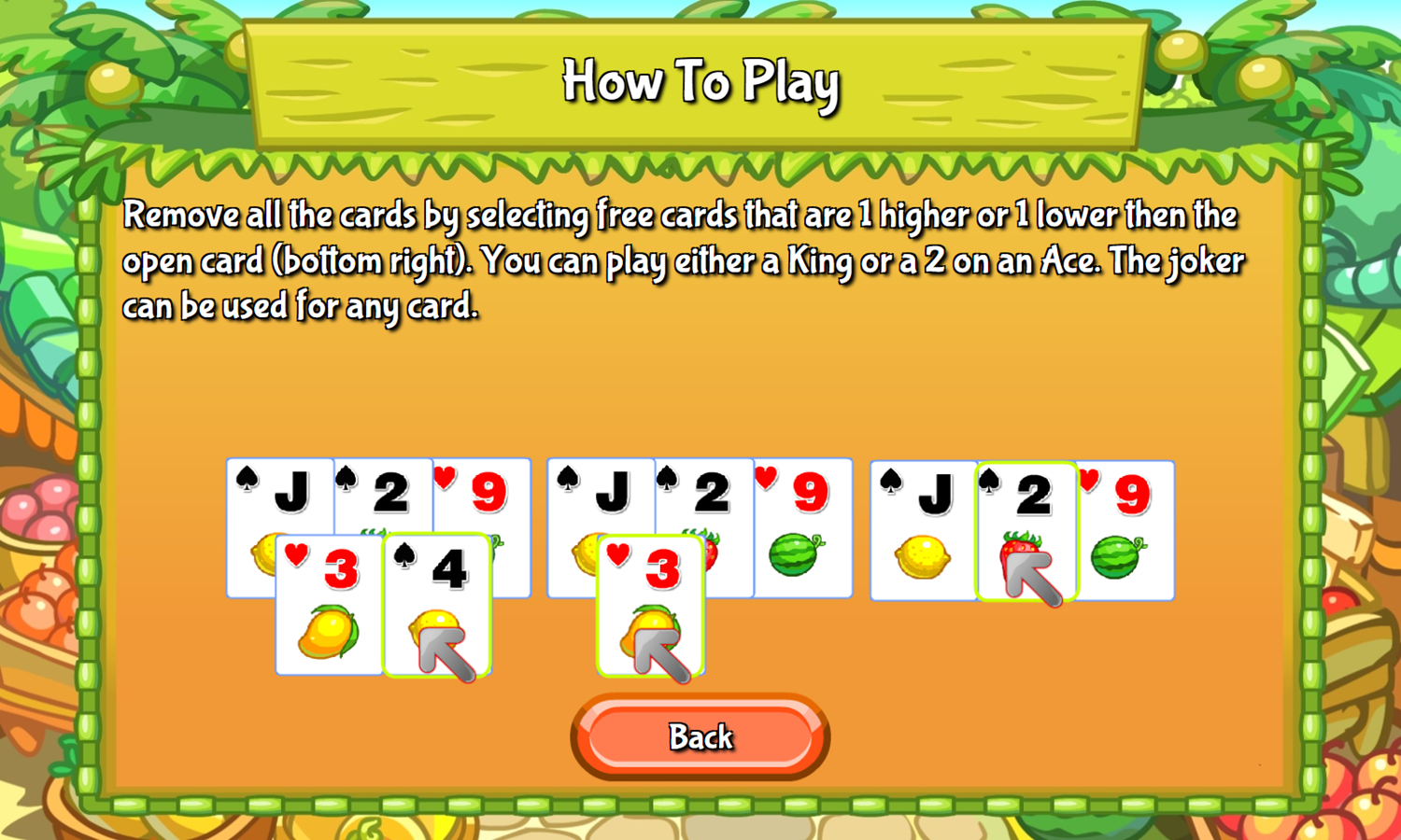 Tri-Fruit Solitaire Game Welcome Screen Screenshot.