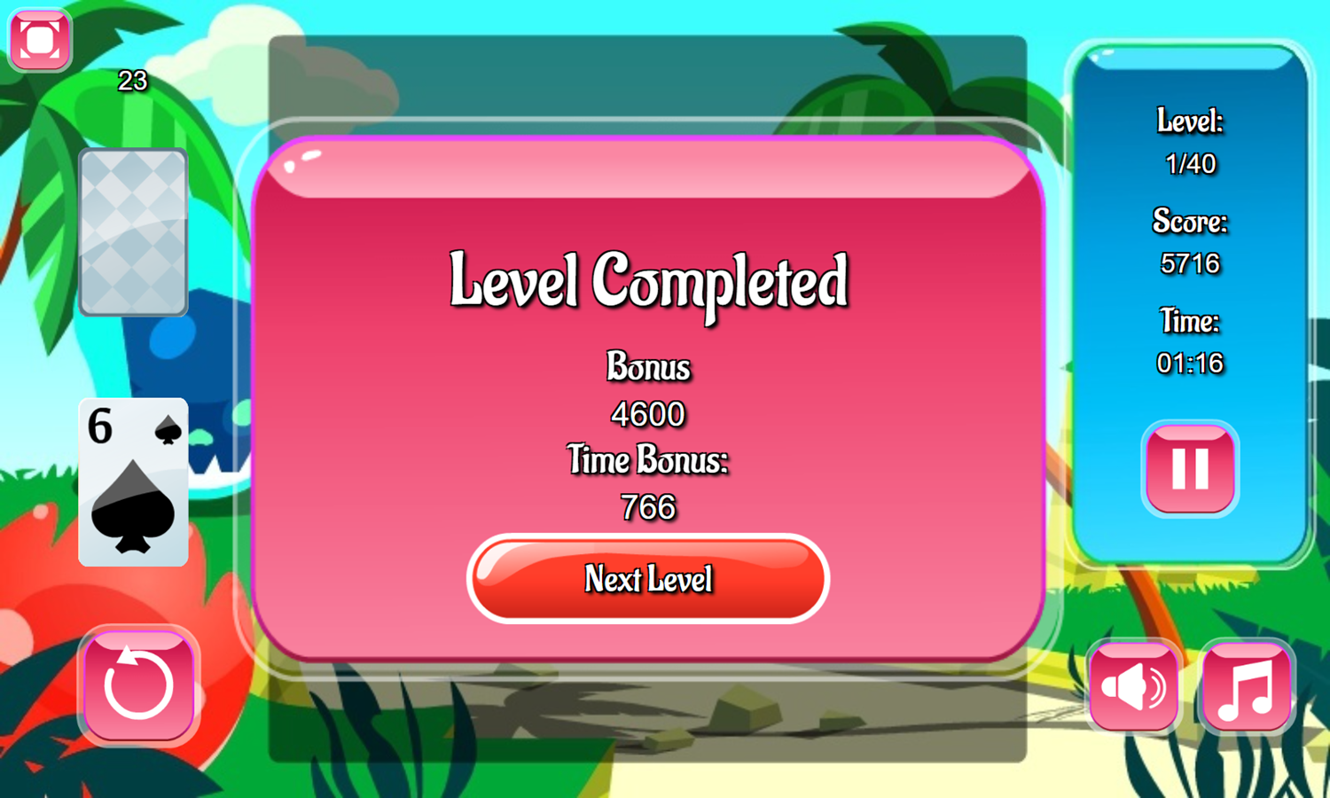 Tripeaks Creatures Game Level Completed Screenshot.