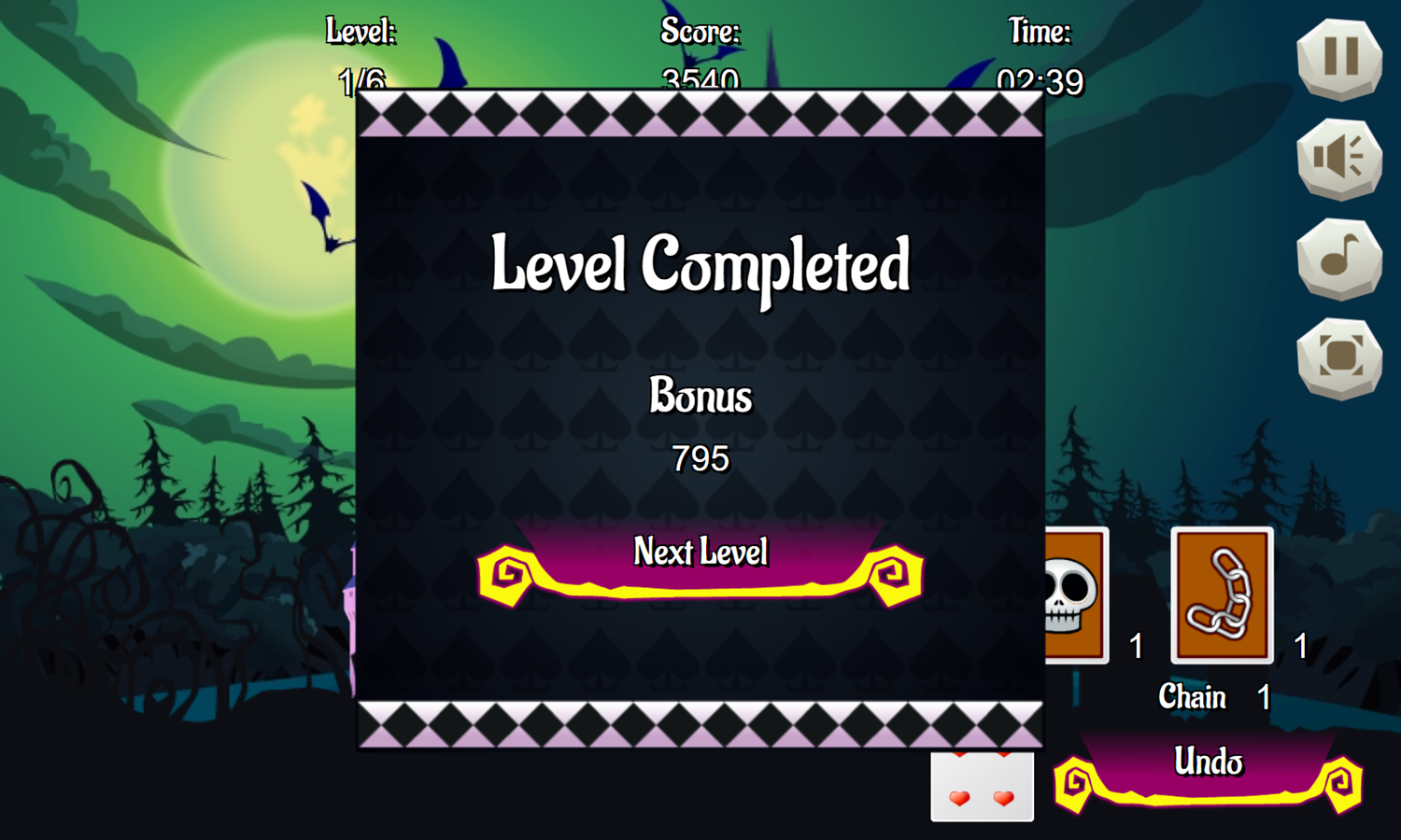 Tripeaks Halloween Game Level Completed Screenshot.