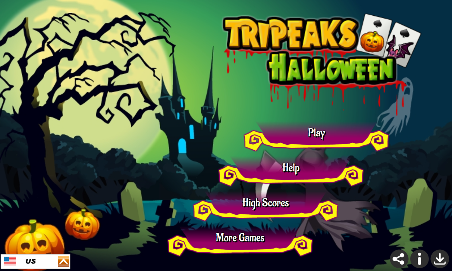 Tripeaks Halloween Game Welcome Screen Screenshot.