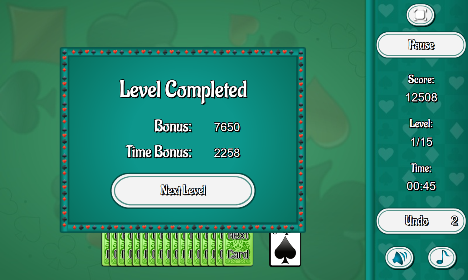 Tripeaks Game Level Completed Screenshot.