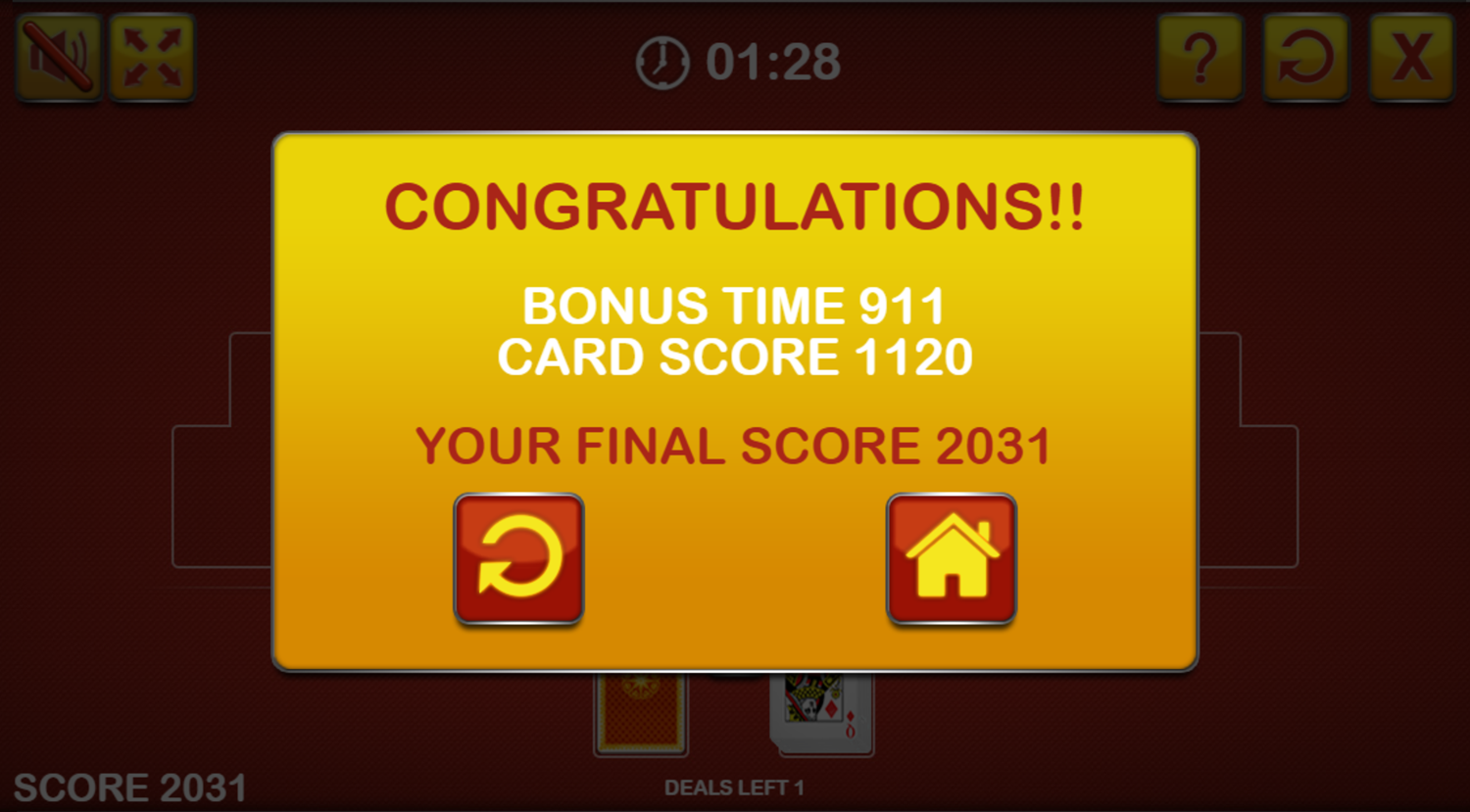 Tripeaks Solitaire Win Screen Screenshot.