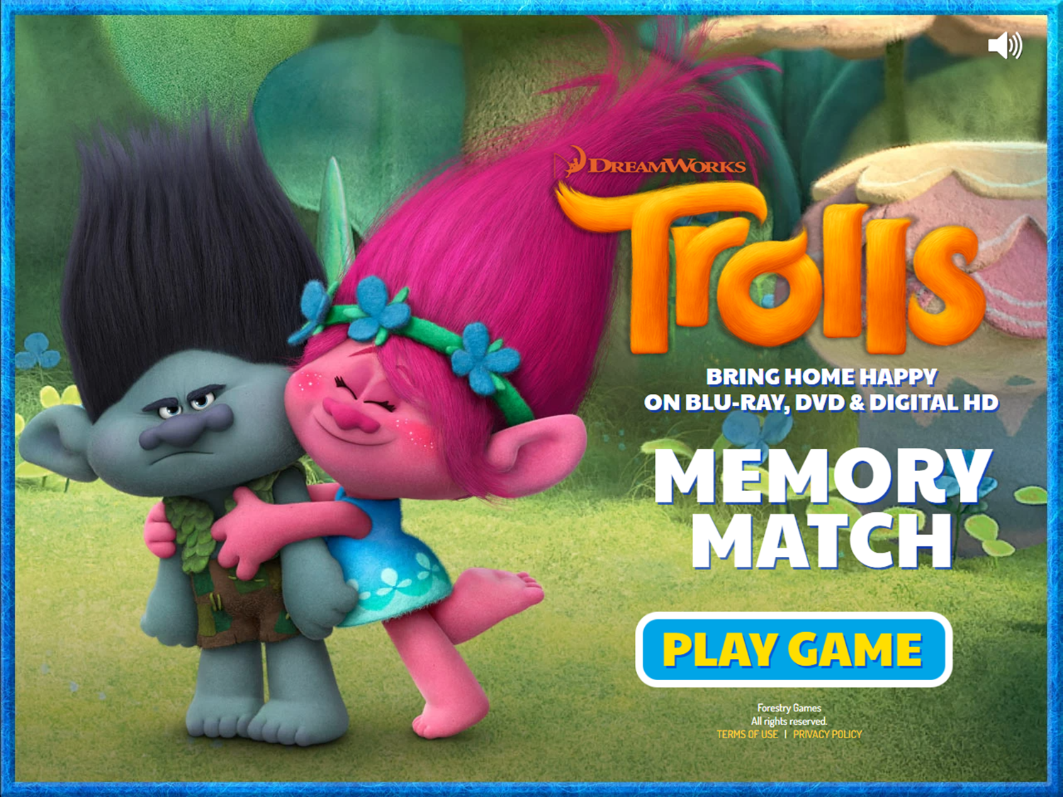 Trolls Memory Match Game Welcome Screen Screenshot.