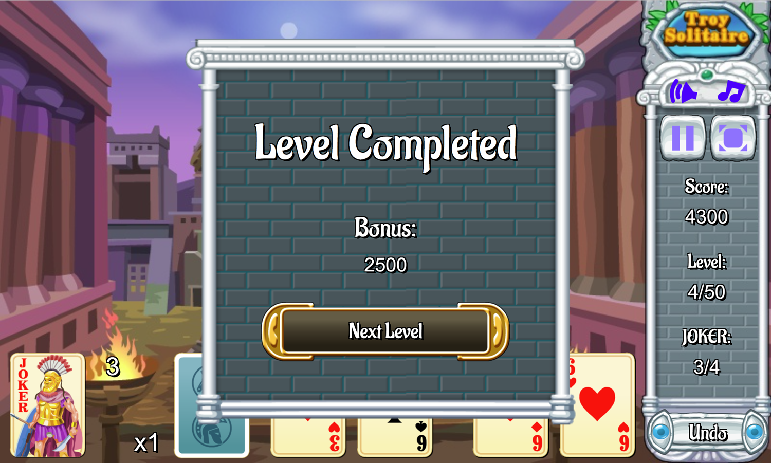 Troy Solitaire Game Level Completed Screen Screenshot.