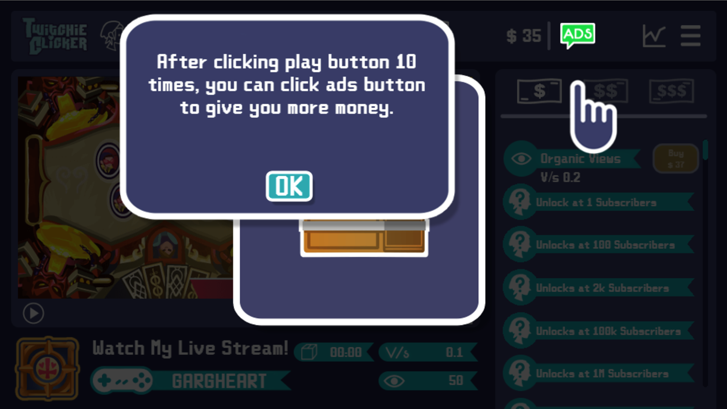 Twitchie Clicker Game Collect Extra Ad Income Information Screen Screenshot.