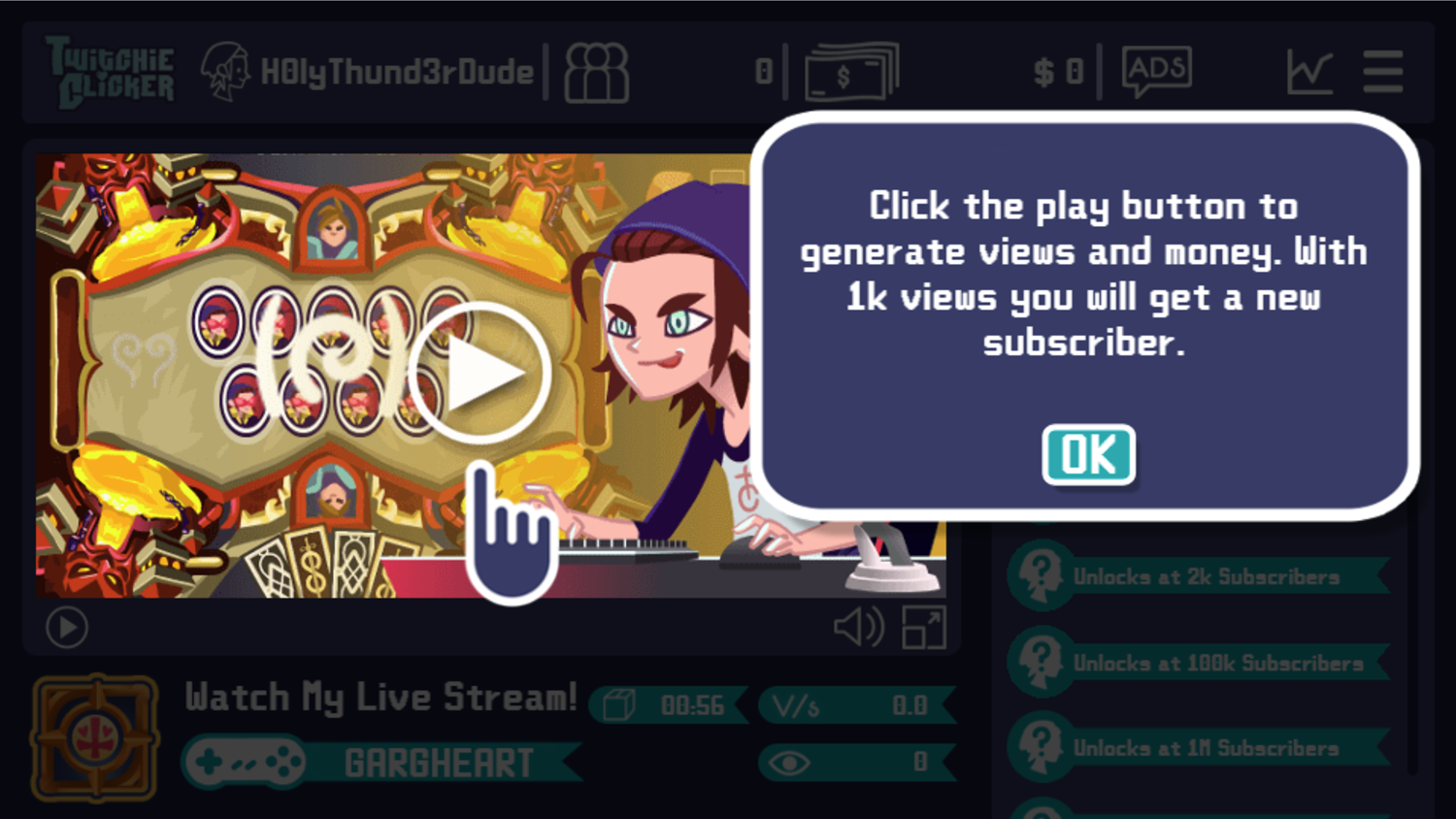 Twitchie Clicker Game Generate Views and Money Instructions Screen Screenshot.
