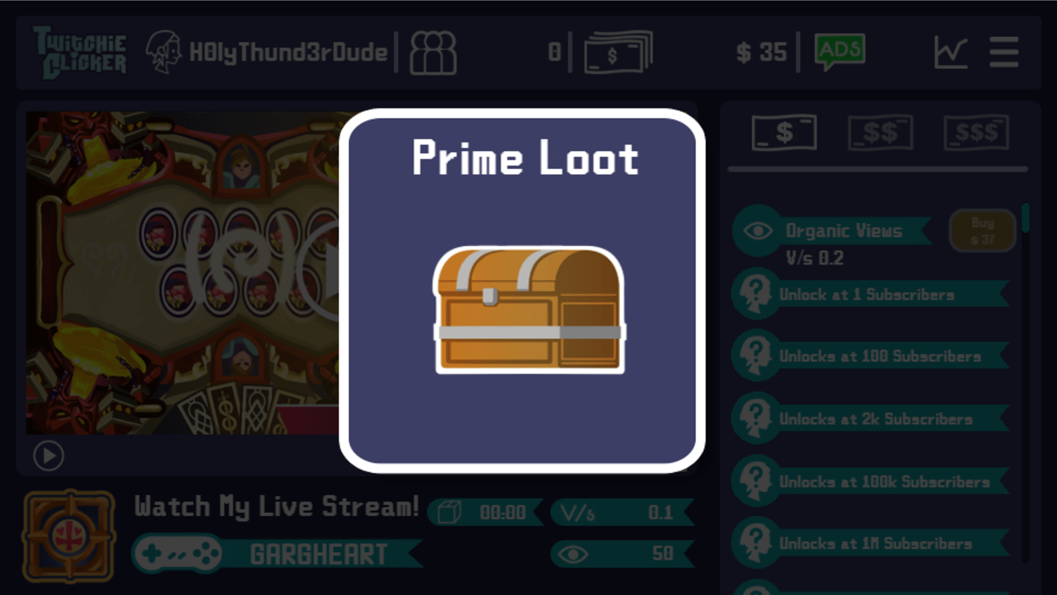 Twitchie Clicker Game Prime Loot Screenshot.