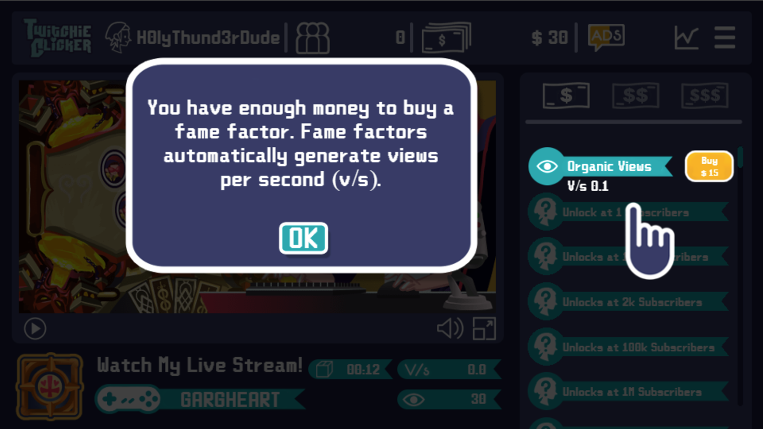 Twitchie Clicker Game Purchase Fame Factors Information Screen Screenshot.