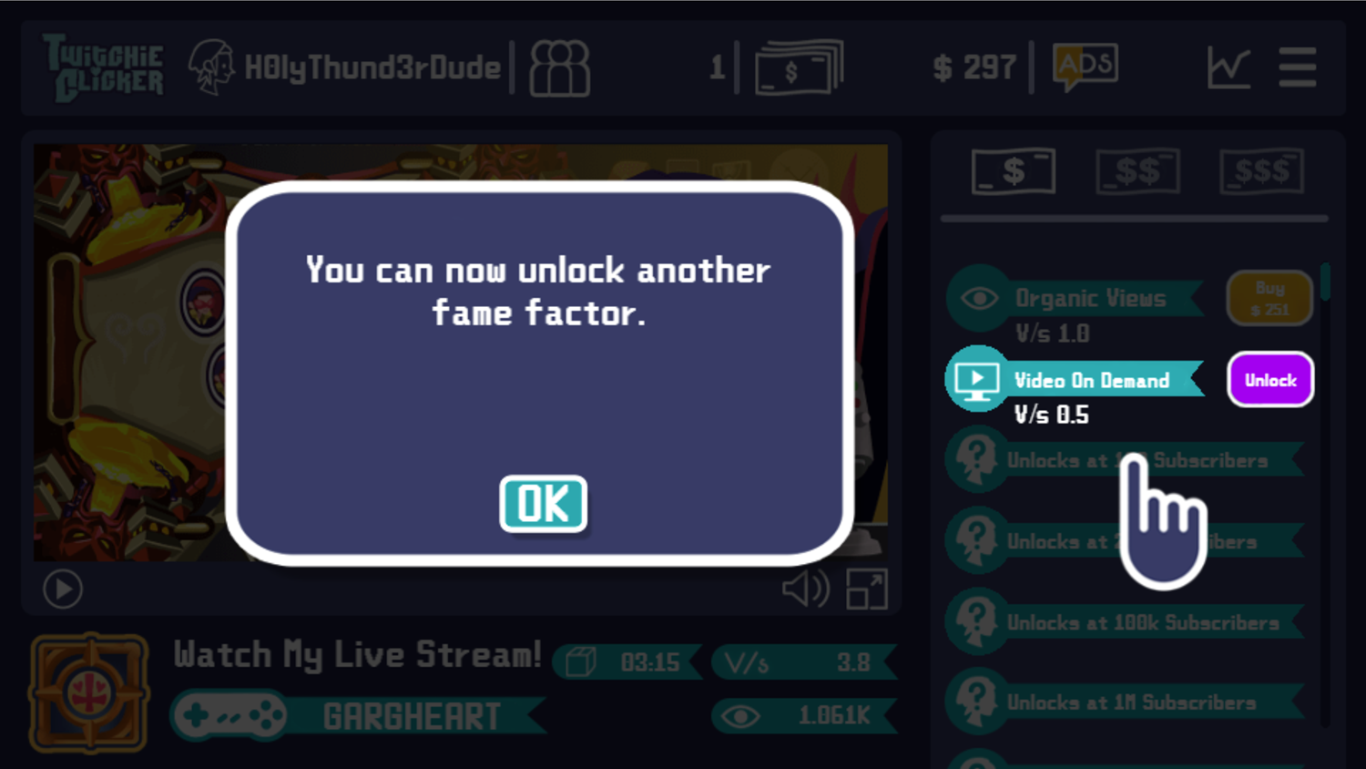 Twitchie Clicker Game Unlock Another Fame Factor Information Screen Screenshot.